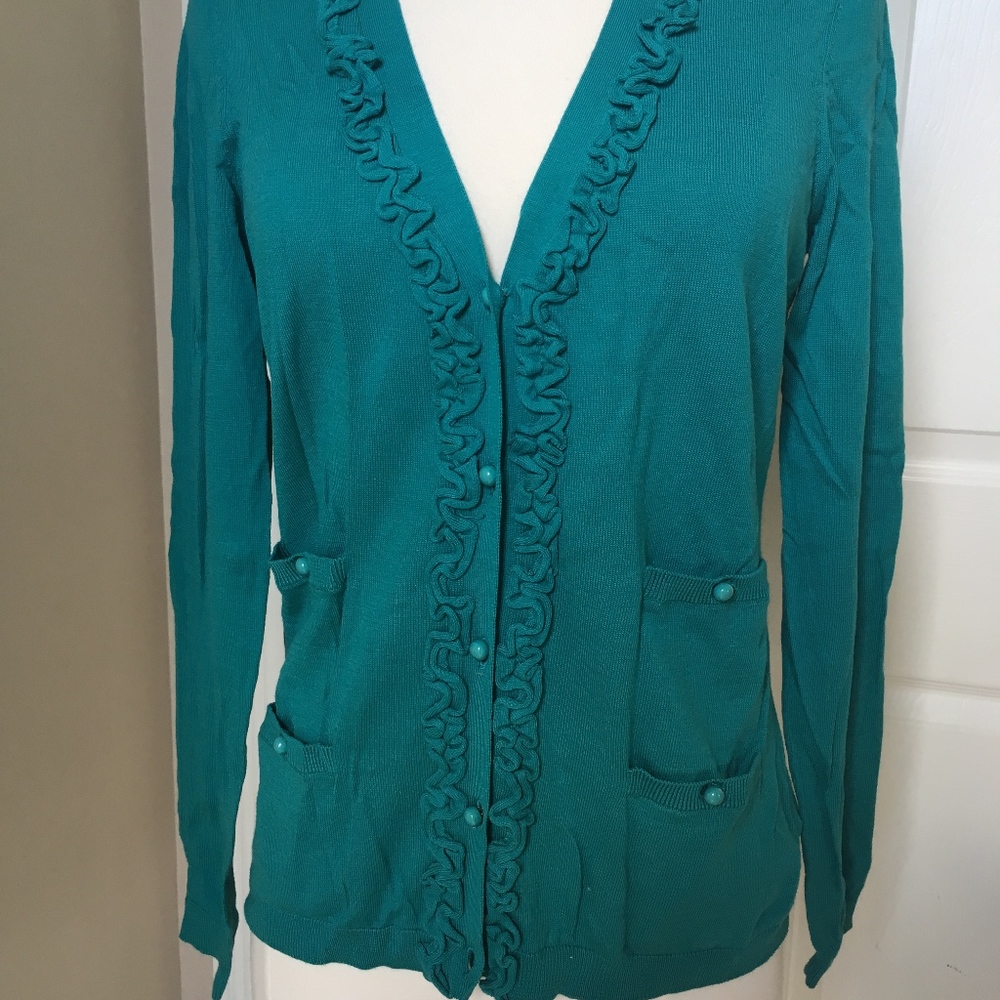 Talbots S teal ruffled cardigan
